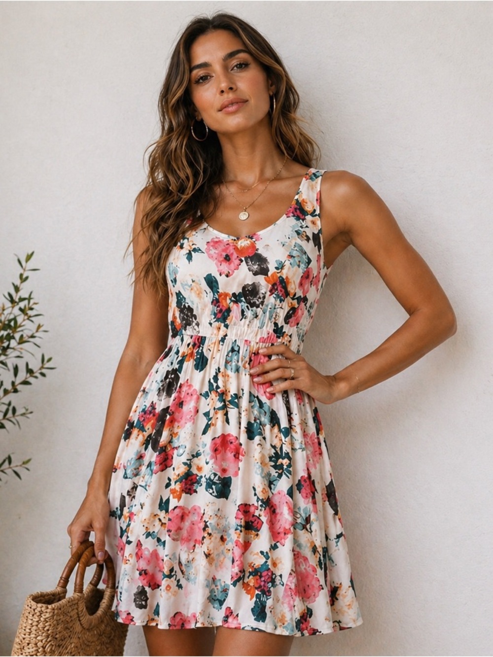 Cherry Floral Fit & Flare Women Mini Dress S Sleeveless Autumn Wedding Guest